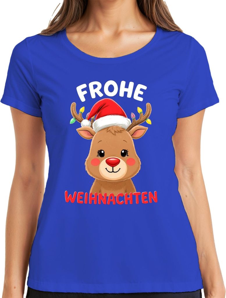 Frohe Weihnachten Weihnachtsgeschenk Rentier niedlich Rudolph Damen T-Shirt, Blau, XL
