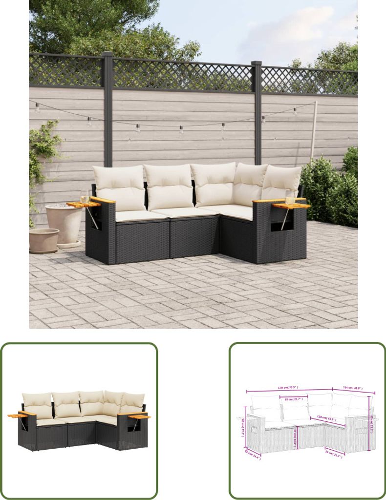 The Living Store 4-tlg. Garten-Sofagarnitur mit Kissen Schwarz Poly Rattan