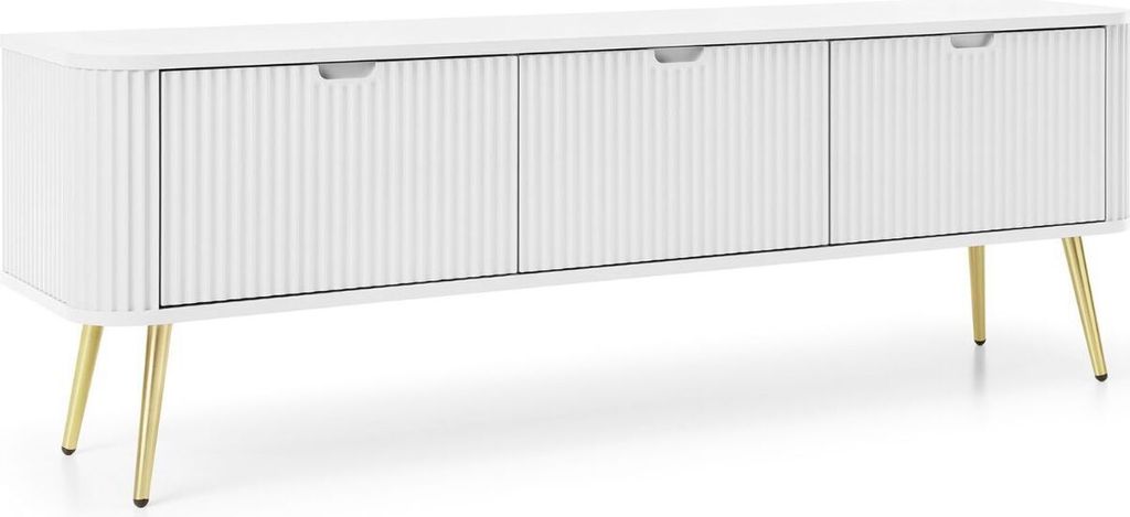 GrainGold TV-Schrank Viva - RTV-Schrank, RTV-Tisch, Lowboard, Eleganter TV-Schrank, Gefräster RTV-Tisch - TV-Schrank Weiß, Gold