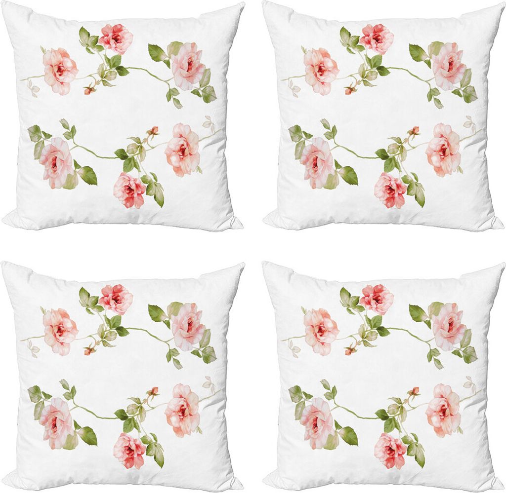 ABAKUHAUS Blumen Kissenbezug Set (4 Stück), Rose Blütenblätter, Moderner Doppelseitiger Digitaldruck, 50 cm x 50 cm, Resedagrün Peach Coral