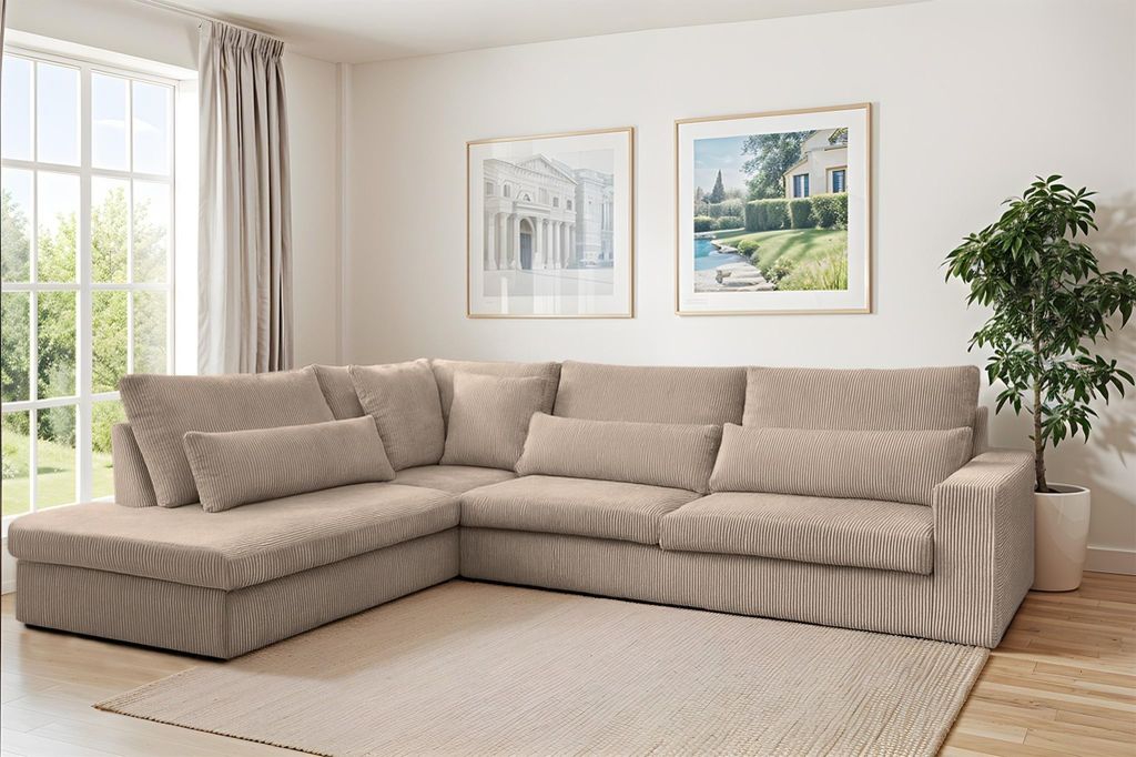 Ecksofa Designersofa THORA in Stoff Poso Beige Ottomane Links