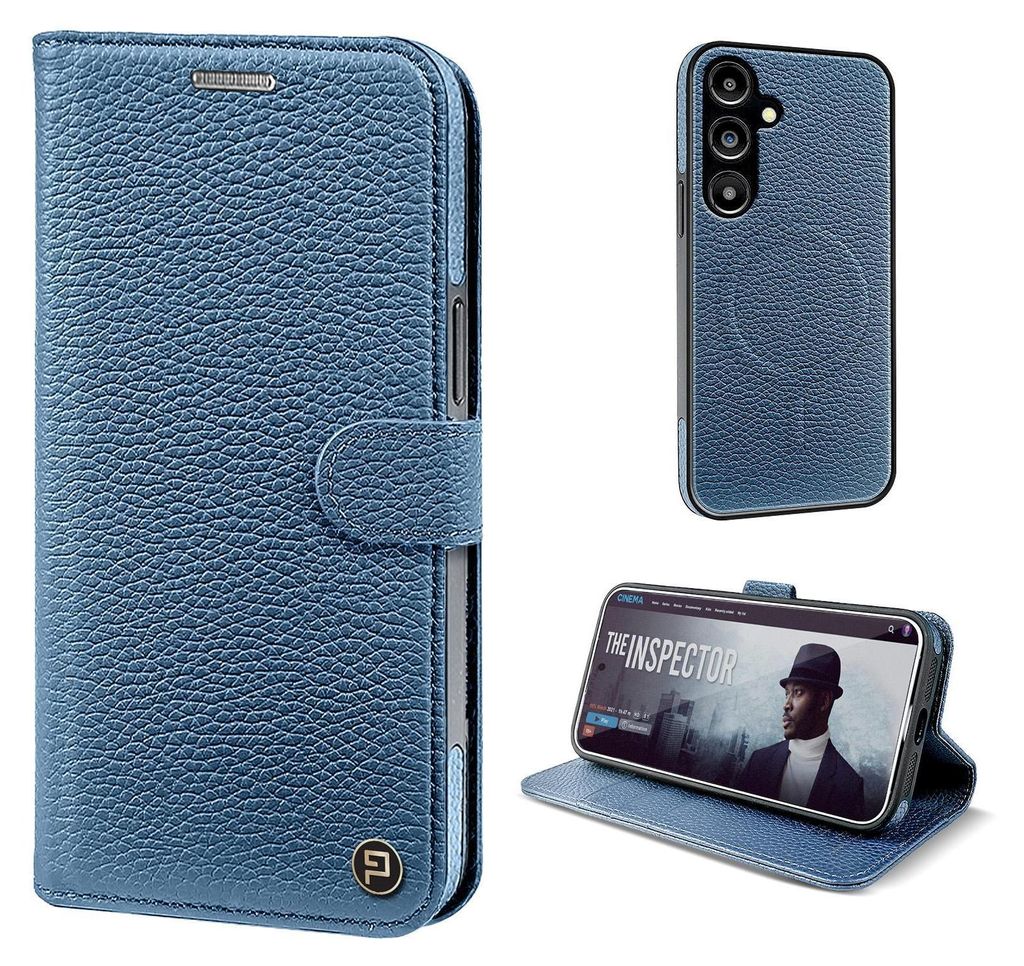 Echtleder Handyhülle für Samsung Galaxy S25 RFID Schutz Cover Leder Hülle Magnetring 2-in-1 Bumper abnehmbar Farbe: Blau