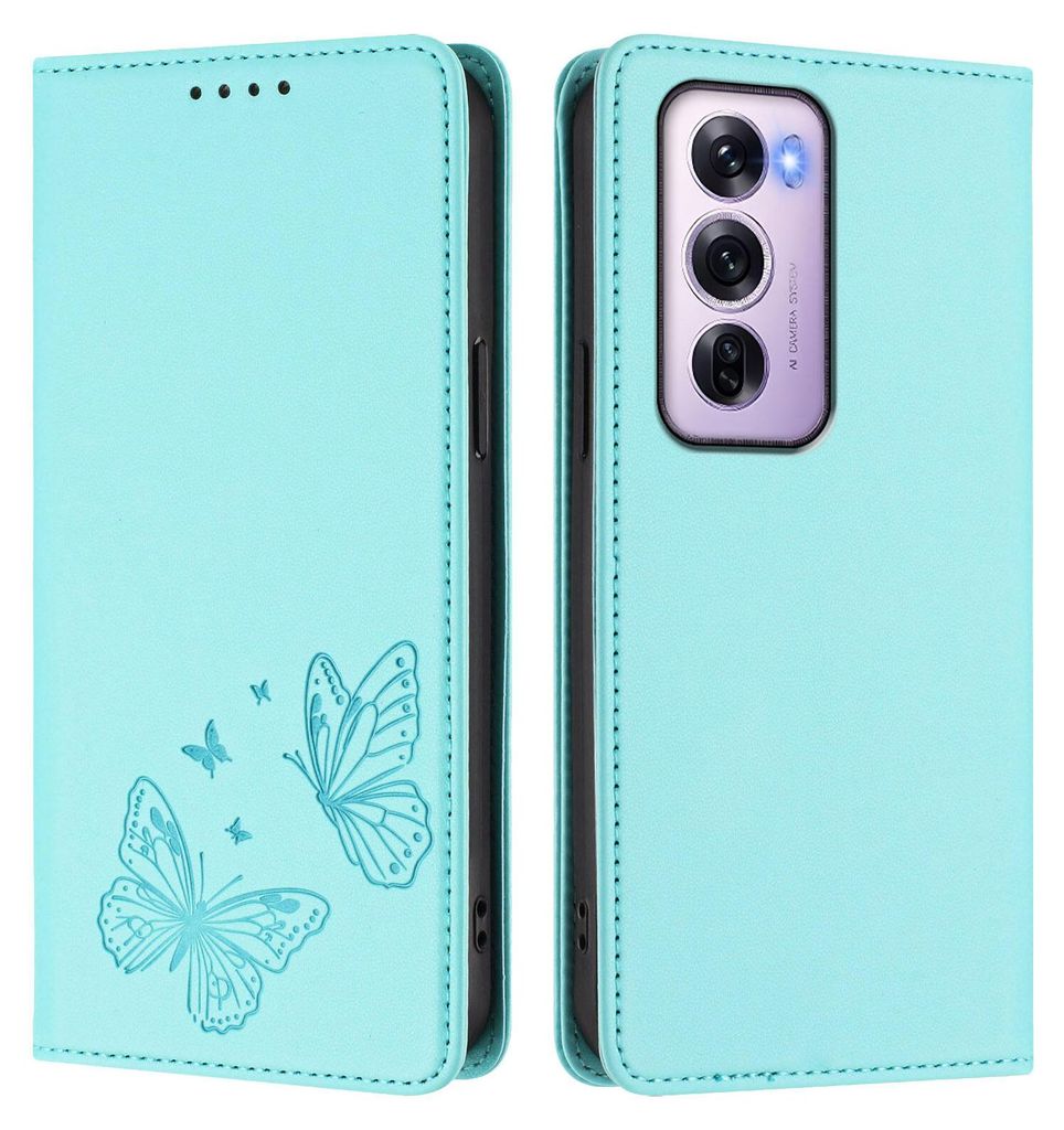 Lederhülle für Oppo Reno12 Pro 5G, Schmetterling Prägung Leder Brieftasche Schutzhülle mit Ständer Türkis
