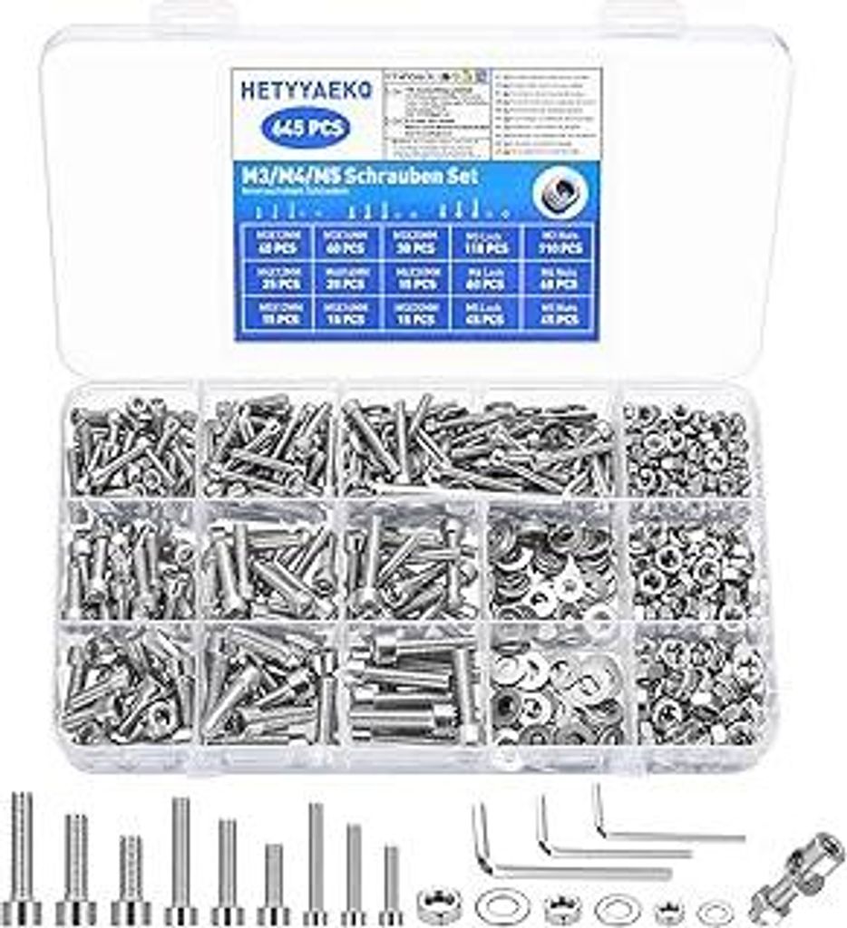 645 Stück M3 M4 M5 Schrauben Set, Zylinderschrauben mit Muttern, Edelstahlschrauben mit innensechskant Schrauben Muttern Set, Gewindeschrauben Sec...