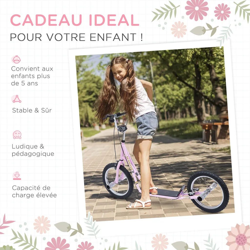 Trottinette Tout-Terrain Confortable Roues Gonflables 41cm Rose Pegs