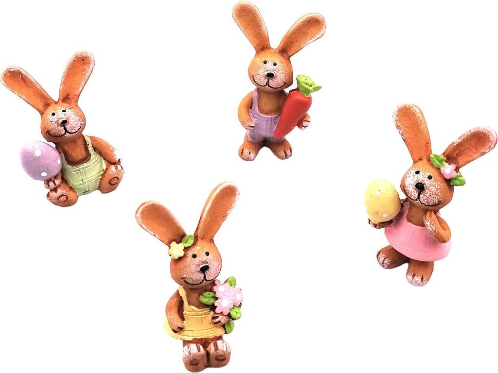 Logbuch-Verlag 4er-Set Mini Osterhasen Figuren 4,5 cm aus Polyresin, sortierte Deko-Häschen mit Ei, Blume & Möhre, Frühling & Ostern