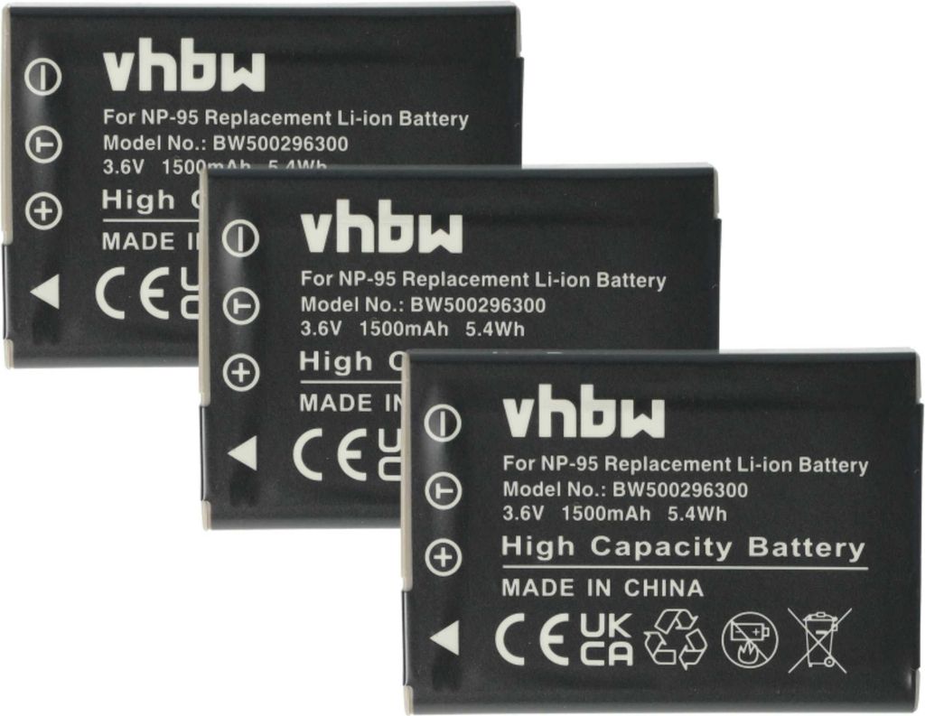 vhbw 3x Akku Ersatz für Fujifilm NP-95 für Kamera (1500 mAh, 3,6 V, Li-Ion)