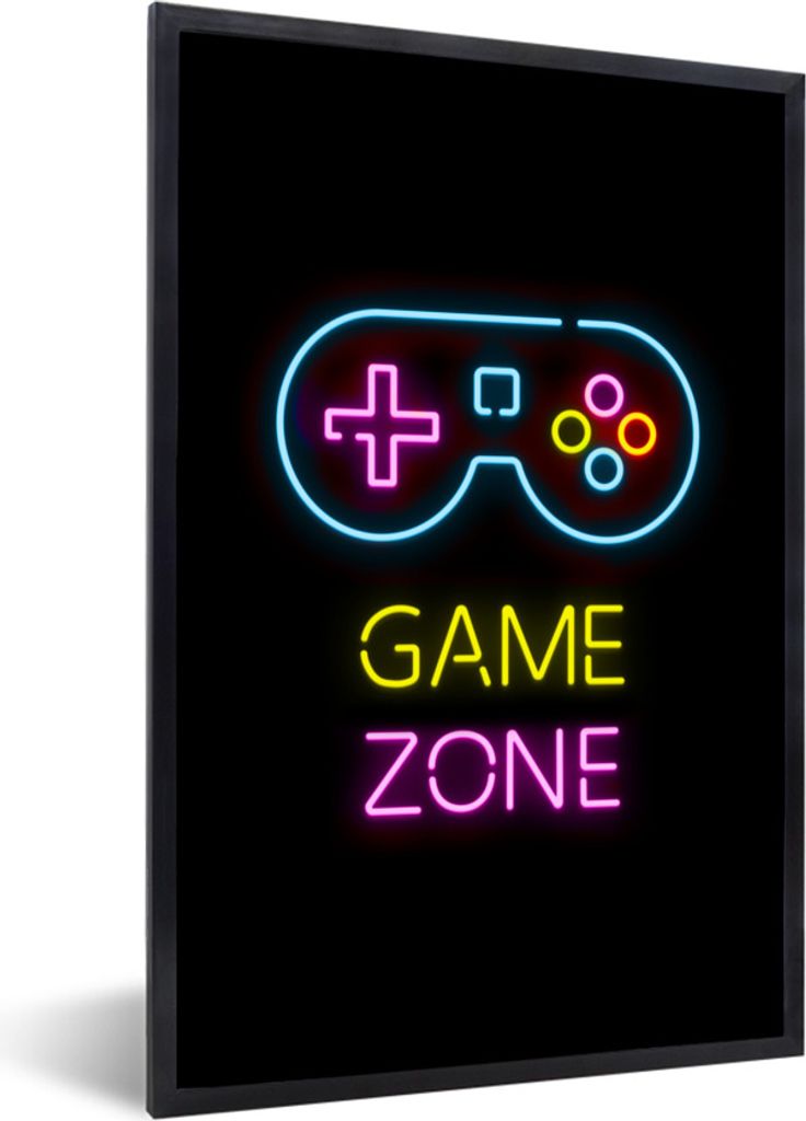 MuchoWow Gerahmtes Poster Controller - Spiel - Neon - Schwarz - Zitate - Spielzone 60x90 cm - Poster mit Schwarzem Bilderrahmen Wandposter Rahmen...