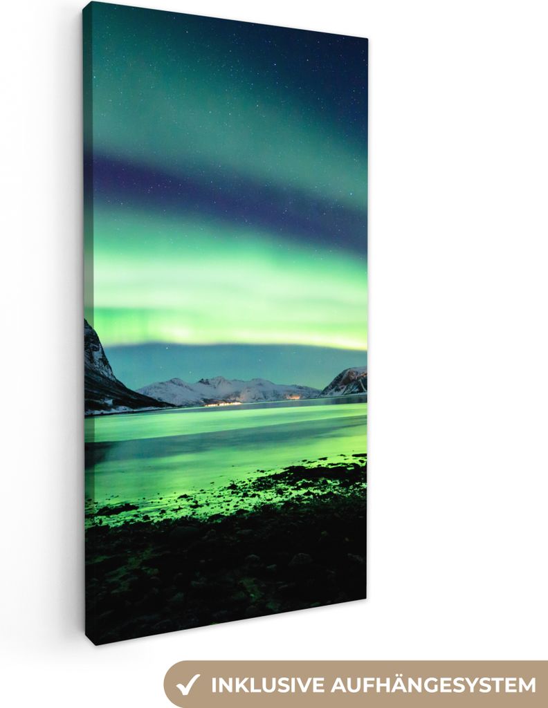 MuchoWow - Leinwandbilder - Nordlicht - Norwegen - Eis - Gelb - Berg - Wasser - Schnee, Wandbild, Wanddeko Bilder Wohnzimmer, 20x40 cm