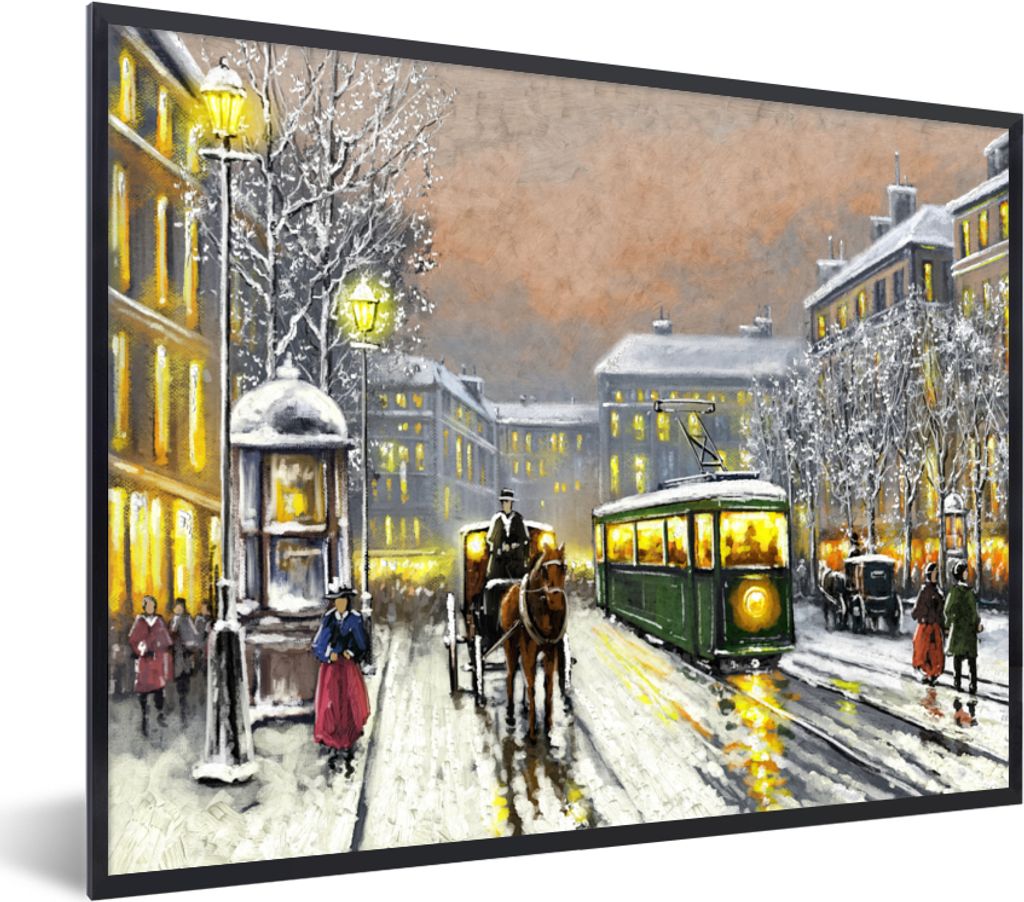 MuchoWow Gerahmtes Poster Gemälde - Winter - Straßenbahn - Pferd - Stadt - Öl 40x30 cm - Poster mit Schwarzem Bilderrahmen Wandposter Rahmen F...