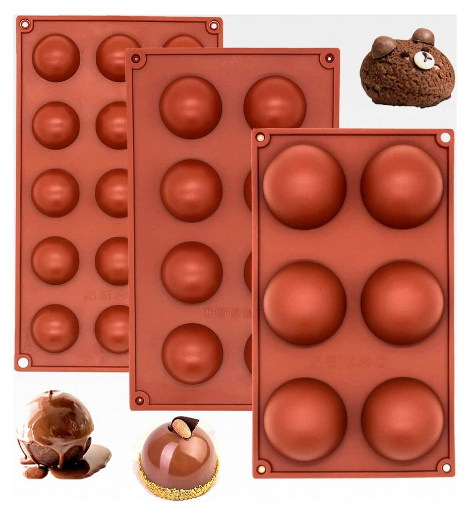 3 Stück Silikonform Kugel, 6,8,15 Vertiefungen Halbkugel Silikonform, leicht zu reinigen für Eisbomben, Mini Teacake, Fondant, Bonbons, Tablett, ...