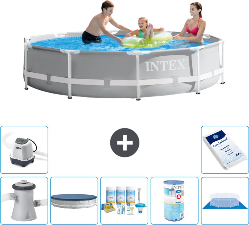 Intex Round Prism Frame Swimming Pool – 305 x 76 cm – Grau – inklusive Pumpe Abdeckung - Wartungspaket - Filter - Bodenplane - Salzwassersyst...