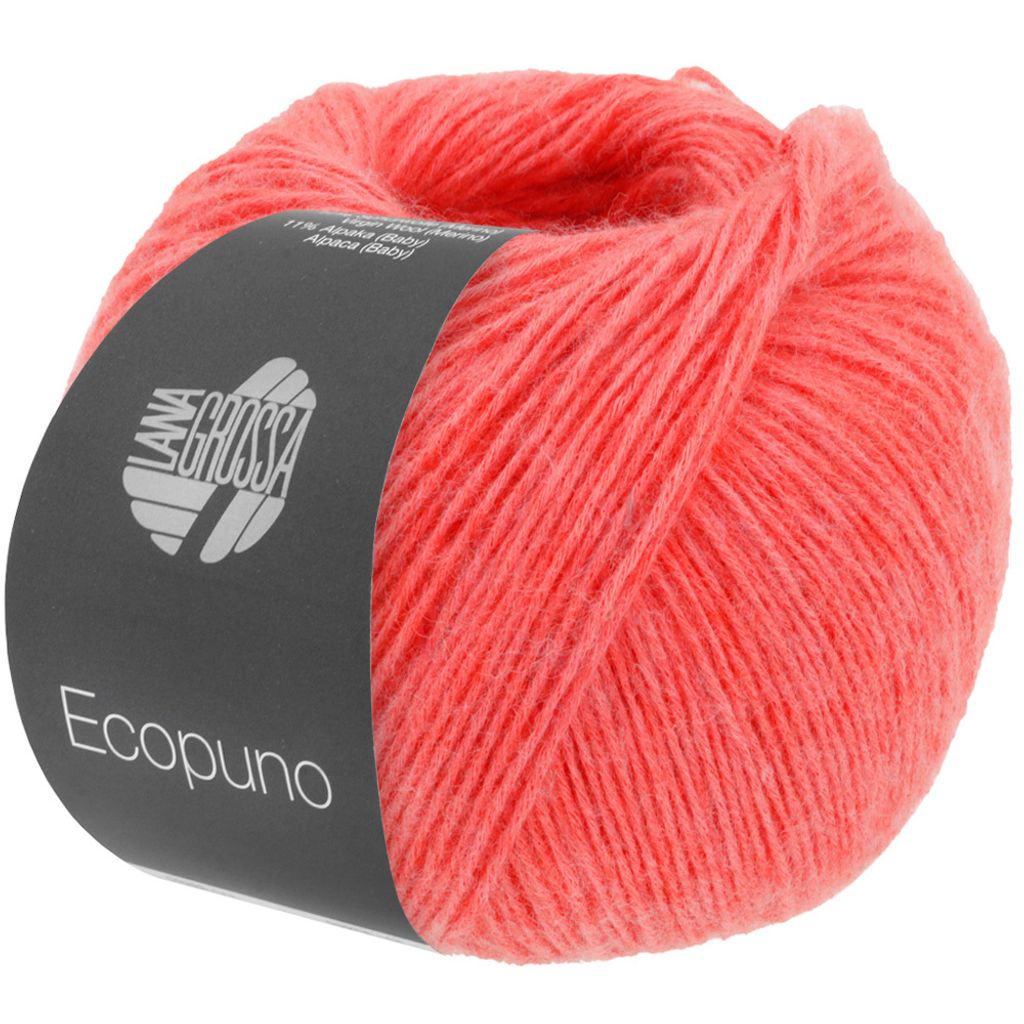 A ball of coral-colored yarn with a label.