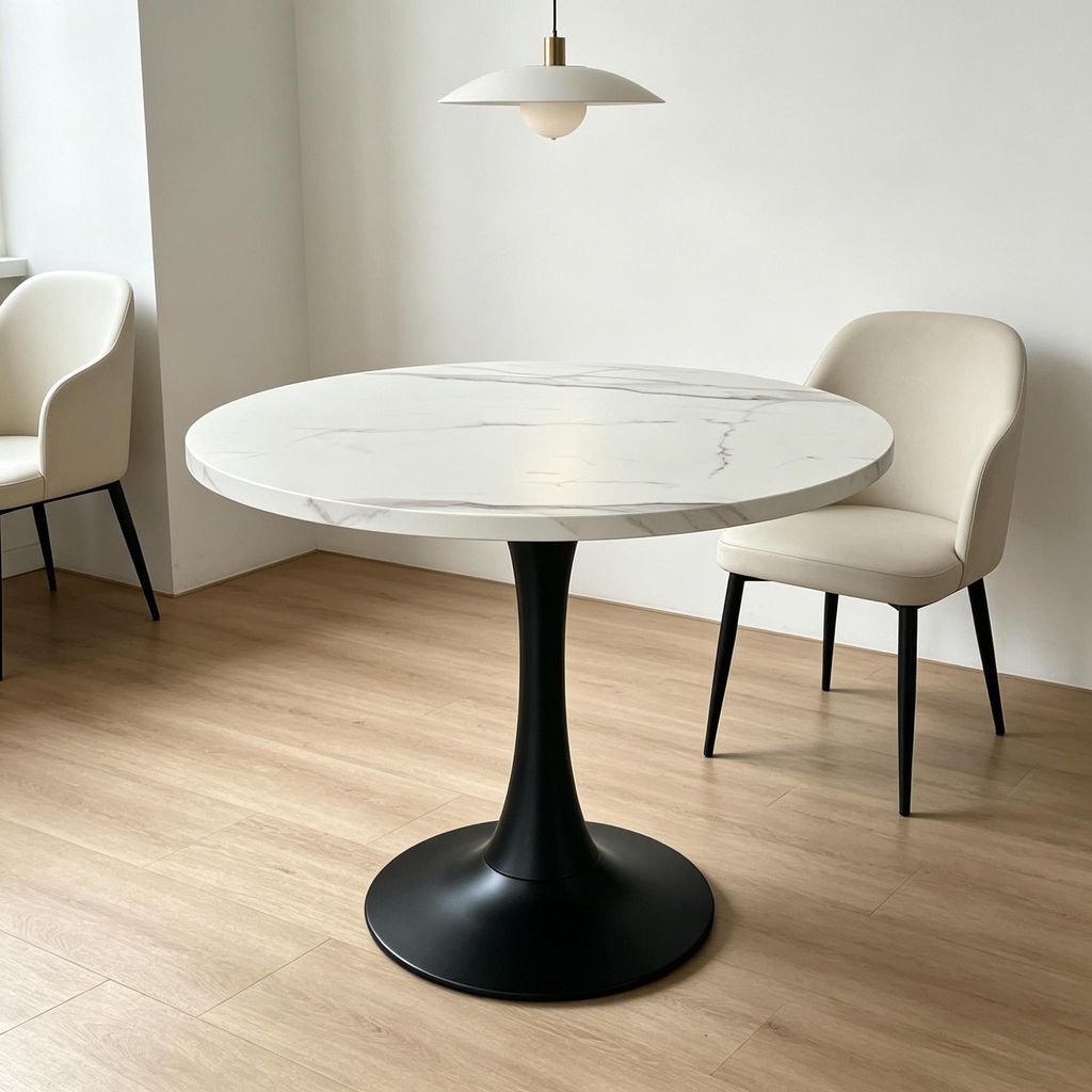 80 cm runder Esstisch, Weißes Marmormuster, schwarzer Metall-Pedestal