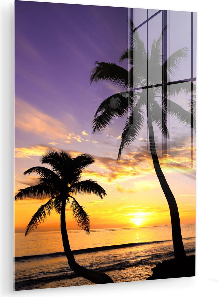 MuchoWow Glasbilder - Bilder auf Wandbild - Foto auf Glas Strand - Sonnenuntergang - Palmen - Tropisch 30x40 cm Wanddekoration aus Glas - Acrylglas...