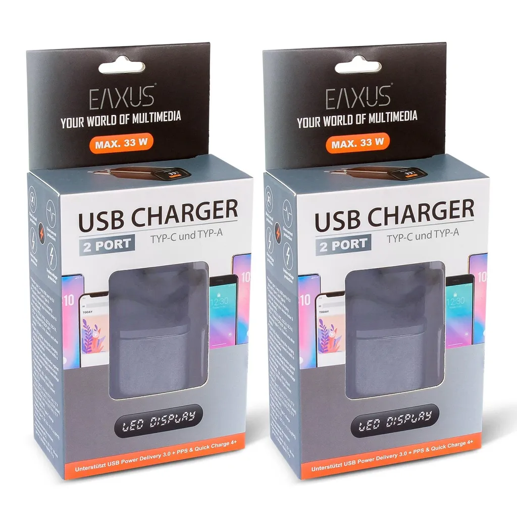Adaptateur Secteur Double USB 33W Eaxus avec Écran Digital - Pack de 2 Noir - 8