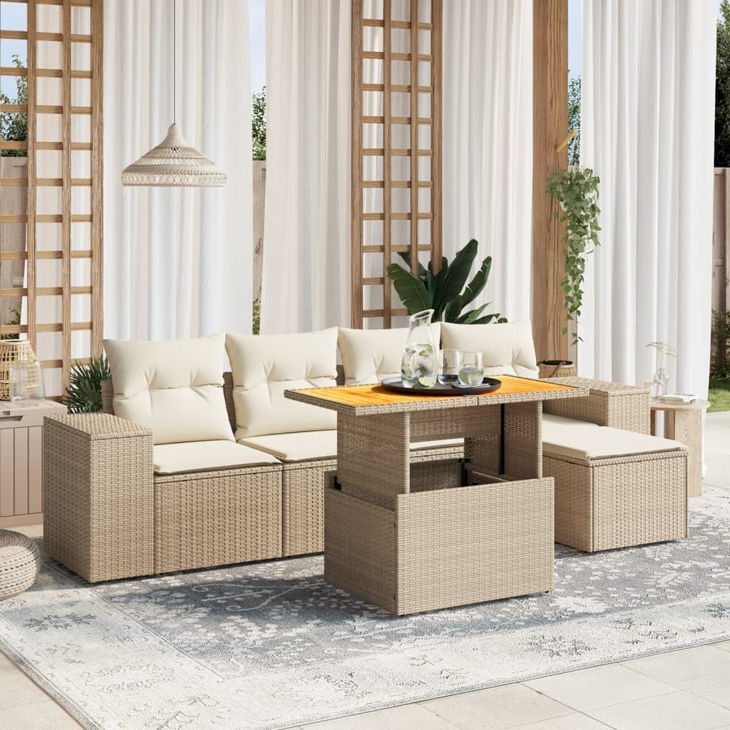 Design 6-tlg. Garten-Sofagarnitur mit Kissen Beige Poly Rattan, Gartenmöbel-Sets 2024 Neu