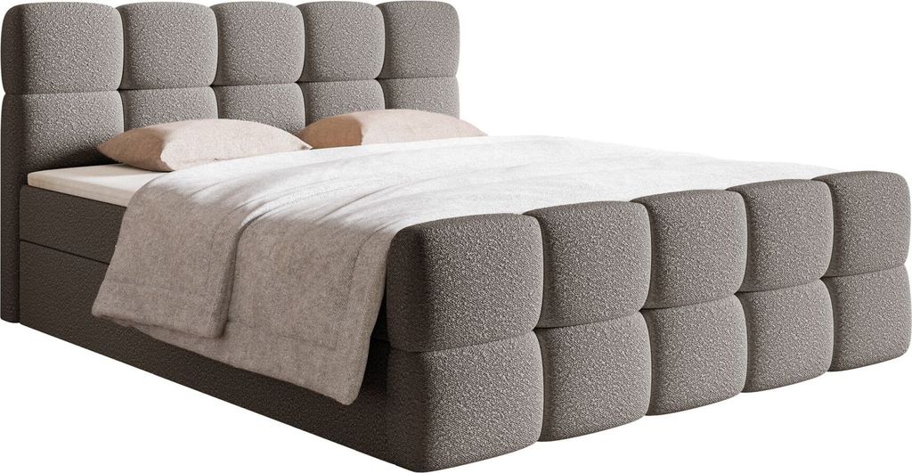 Selsey Cloudy - Boxbett 180x200 mit Bettkästen, Matratze, Topper, Bouclé-Bezug, grau