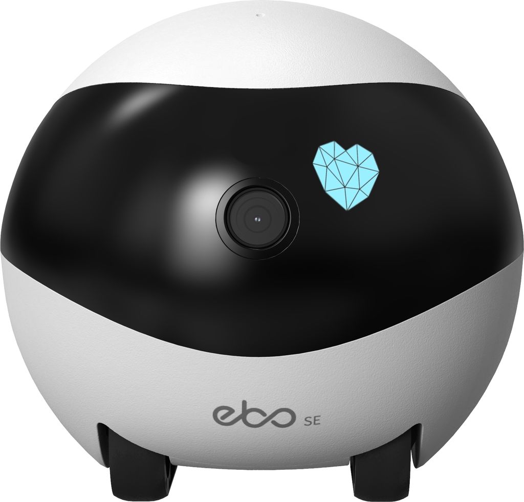 A white and black robot with a heart icon on its screen.