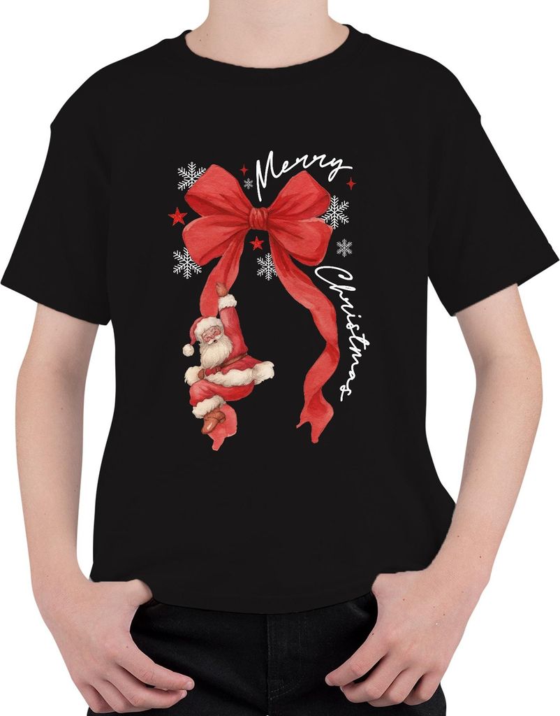 Merry Christmas Weihnachtsmann rote Schleife Schneeflocken Uni Kinder T-Shirt, Schwarz, 116