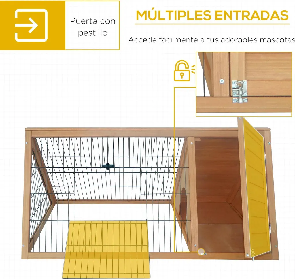 Abri bois pour petits animaux jaune 116cm avec structure triangulaire