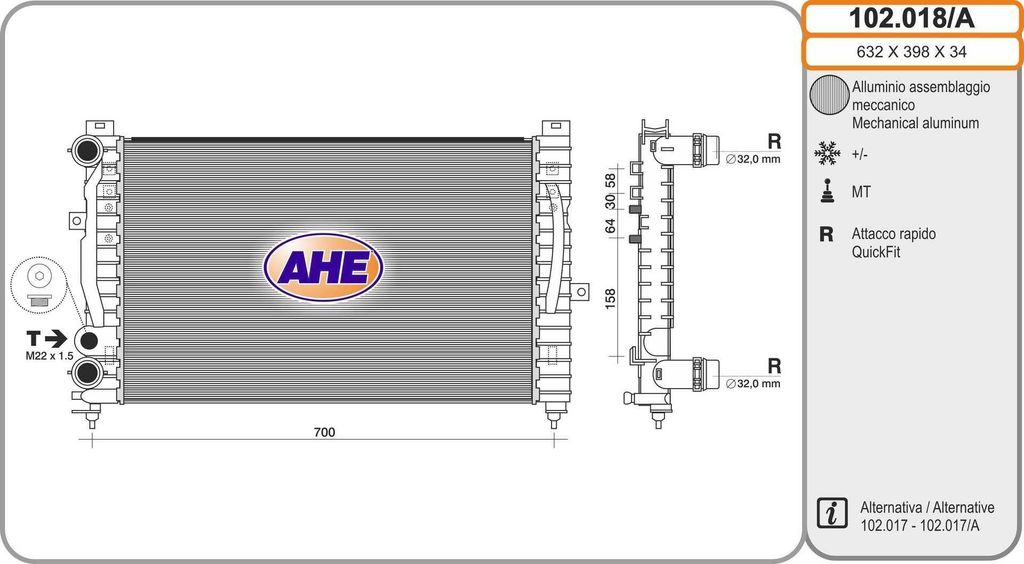 AHE 102.018/A Kühler Wasserkühler Motorkühler für VW PASSAT Variant (3B6) PASSAT Variant (3B5) PASSAT (3B3) PASSAT (3B2) für AUDI A4 Limousine