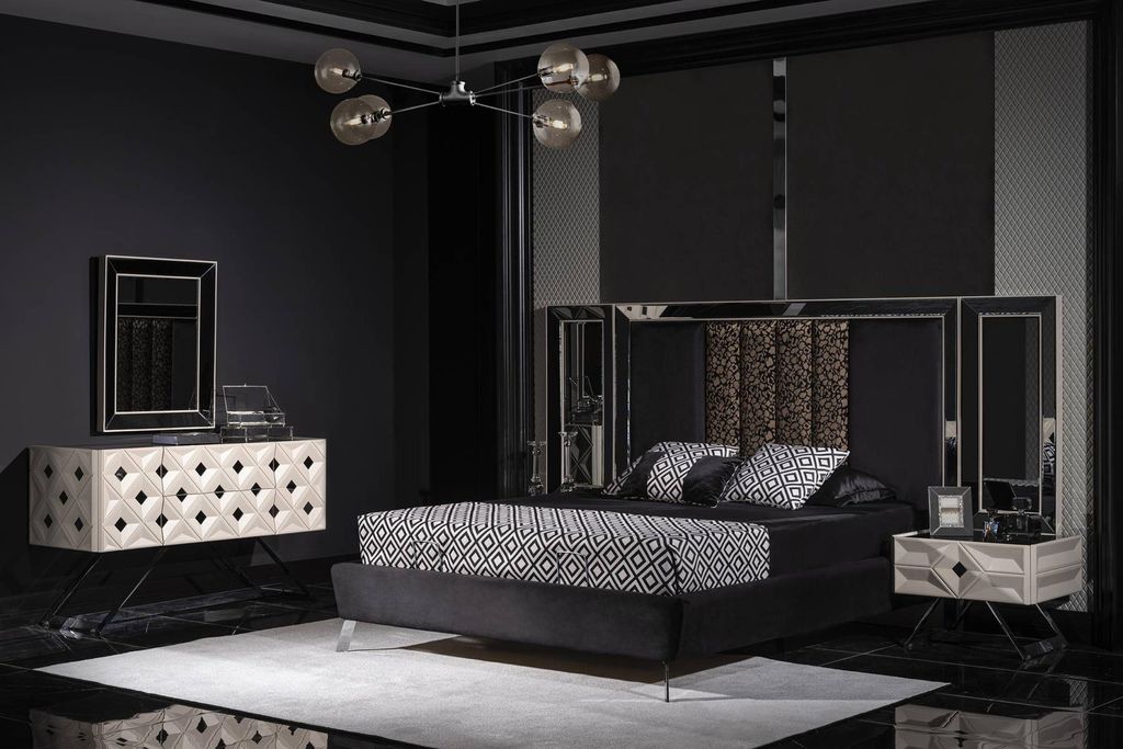 Komplett Möbel Moderne Schlafzimmer Bett 2x Nachttische Schminktisch mit Spiegel
