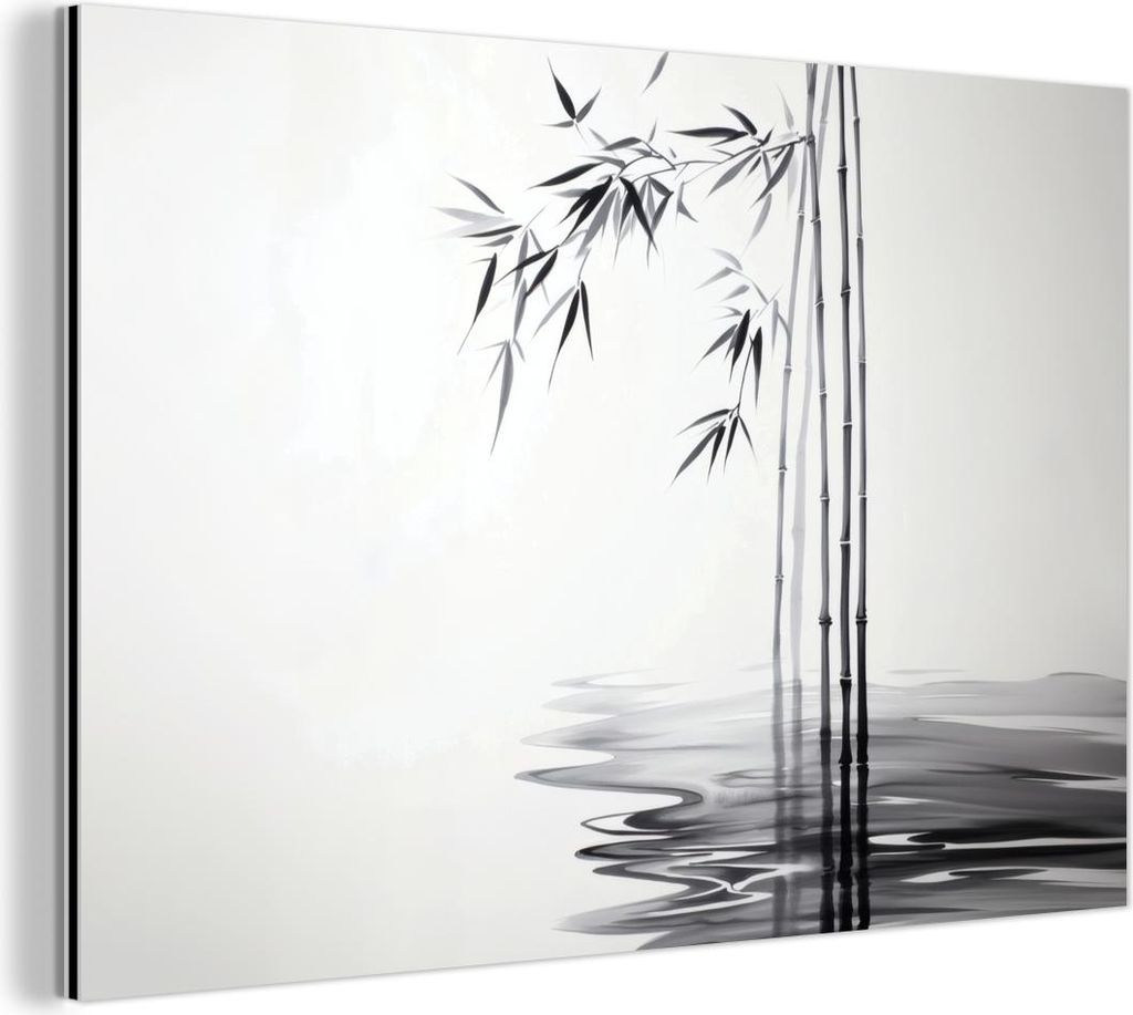 MuchoWow Wanddekoration Metall Metallbild Wandkunst 60x40 cm Bambusstämme - Wasser - Minimalistisch - Weiß MuchoWow Aluminium Gemälde - Gemälder