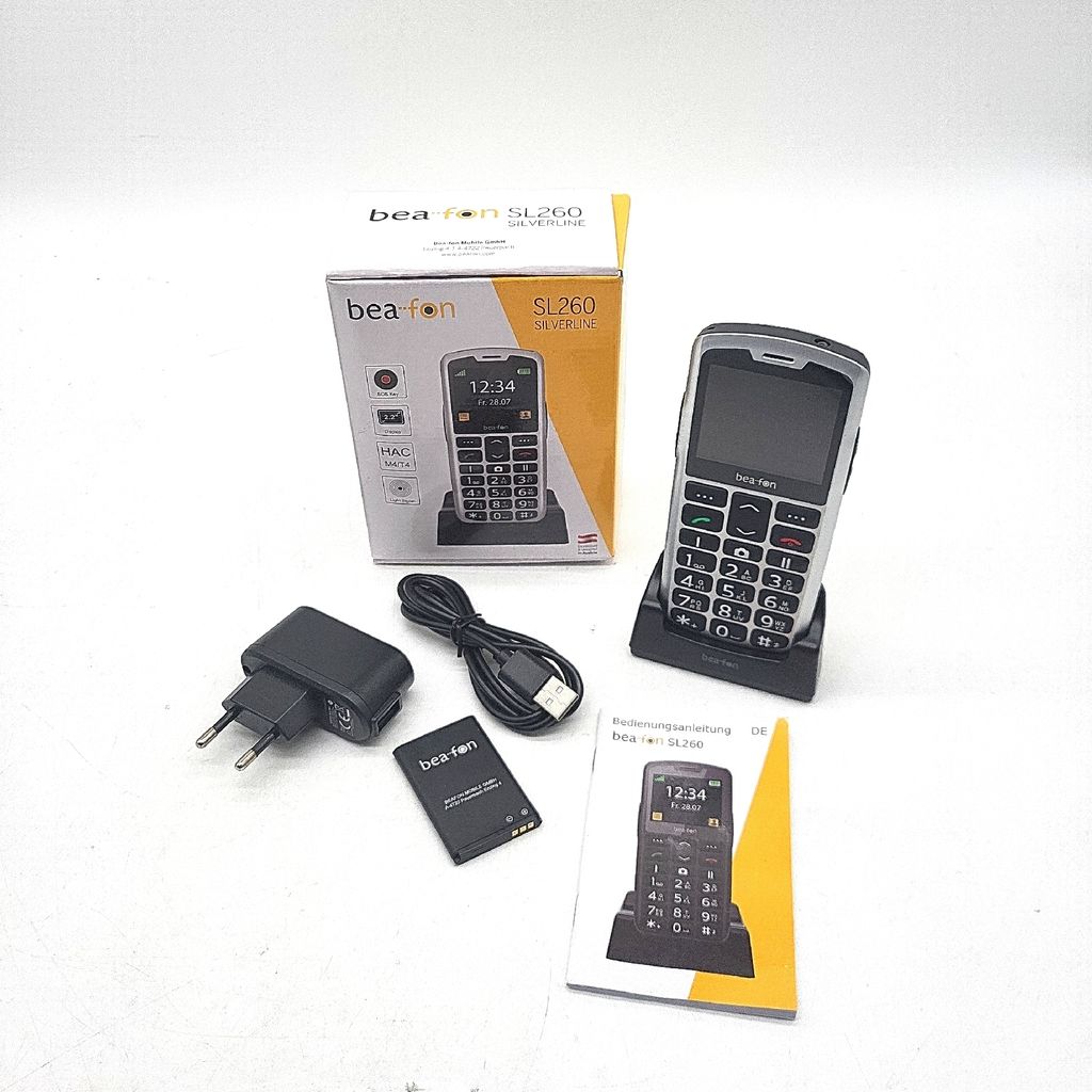 A Beafon SL260 Silverline senior mobile phone and its accessories are displayed on a white background.