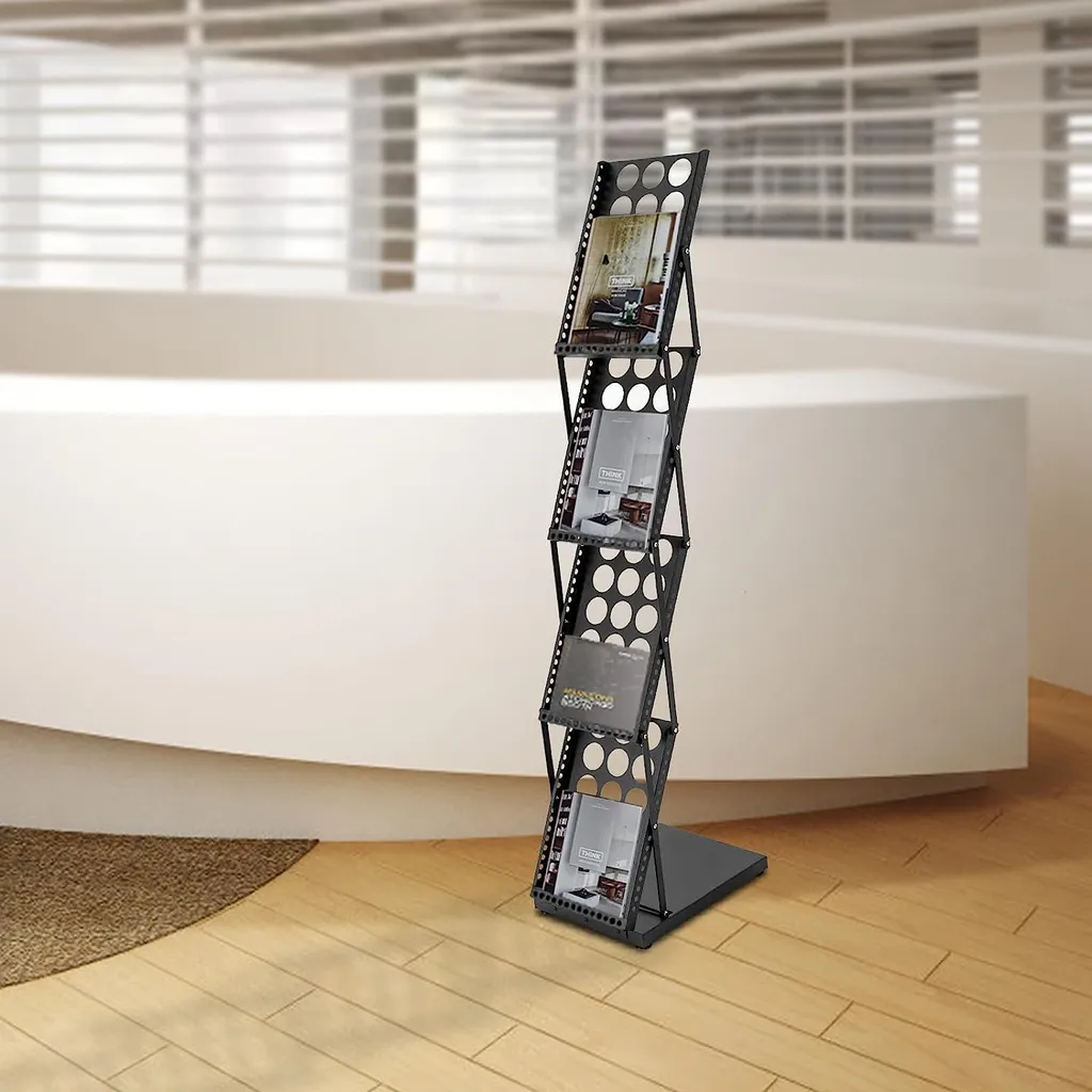 Porte-revues pliable 4 niveaux en métal noir pour rangement de bureau