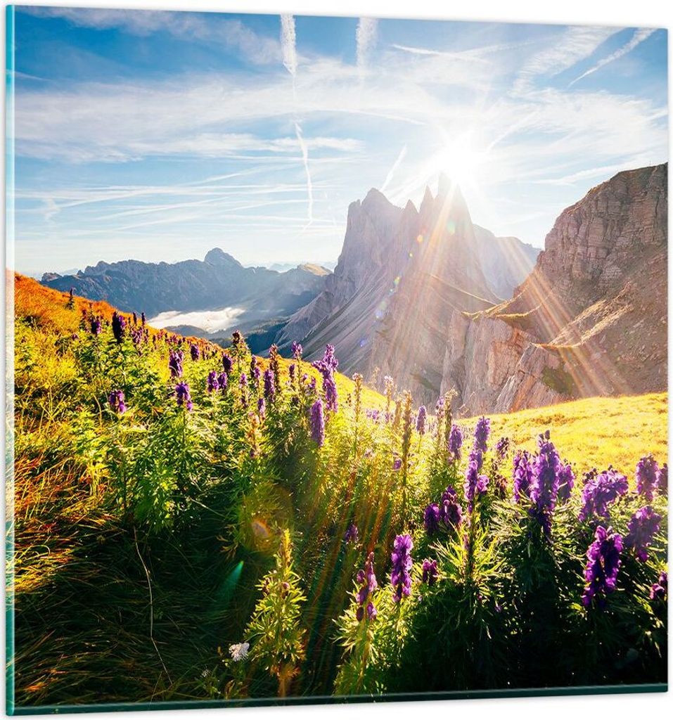 Bilder auf glas - Berge Wiese Blumen - 30x30cm - Glasbilder - Wandbilder - Kunstdruck - zum Aufhängen bereit - Wanddekoration aus Glas - Glas Bild...