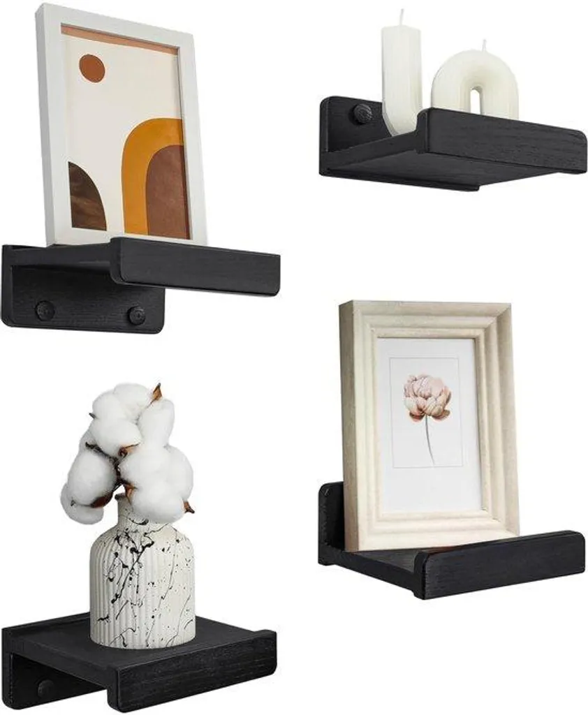Étagères murales salle de bain et cuisine en bois noir 13 cm, lot de 4
