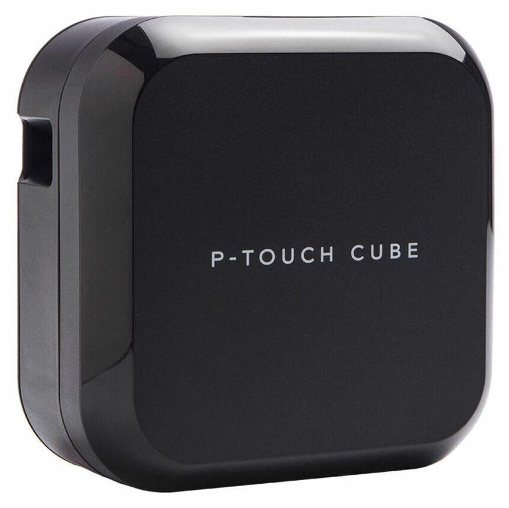 A black P-Touch Cube label maker is shown from a slightly elevated, diagonal angle against a white background.