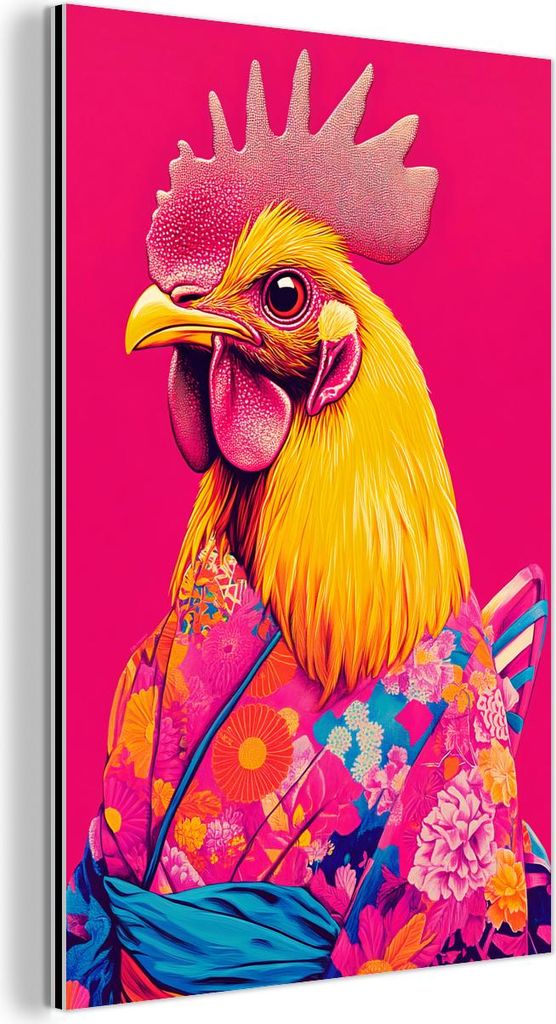 MuchoWow Wanddekoration Metall Metallbild Wandkunst 40x60 cm Hahn - Bunt - Kimono - Rosa MuchoWow Aluminium Gemälde - Wanddekoration aus Aluminium