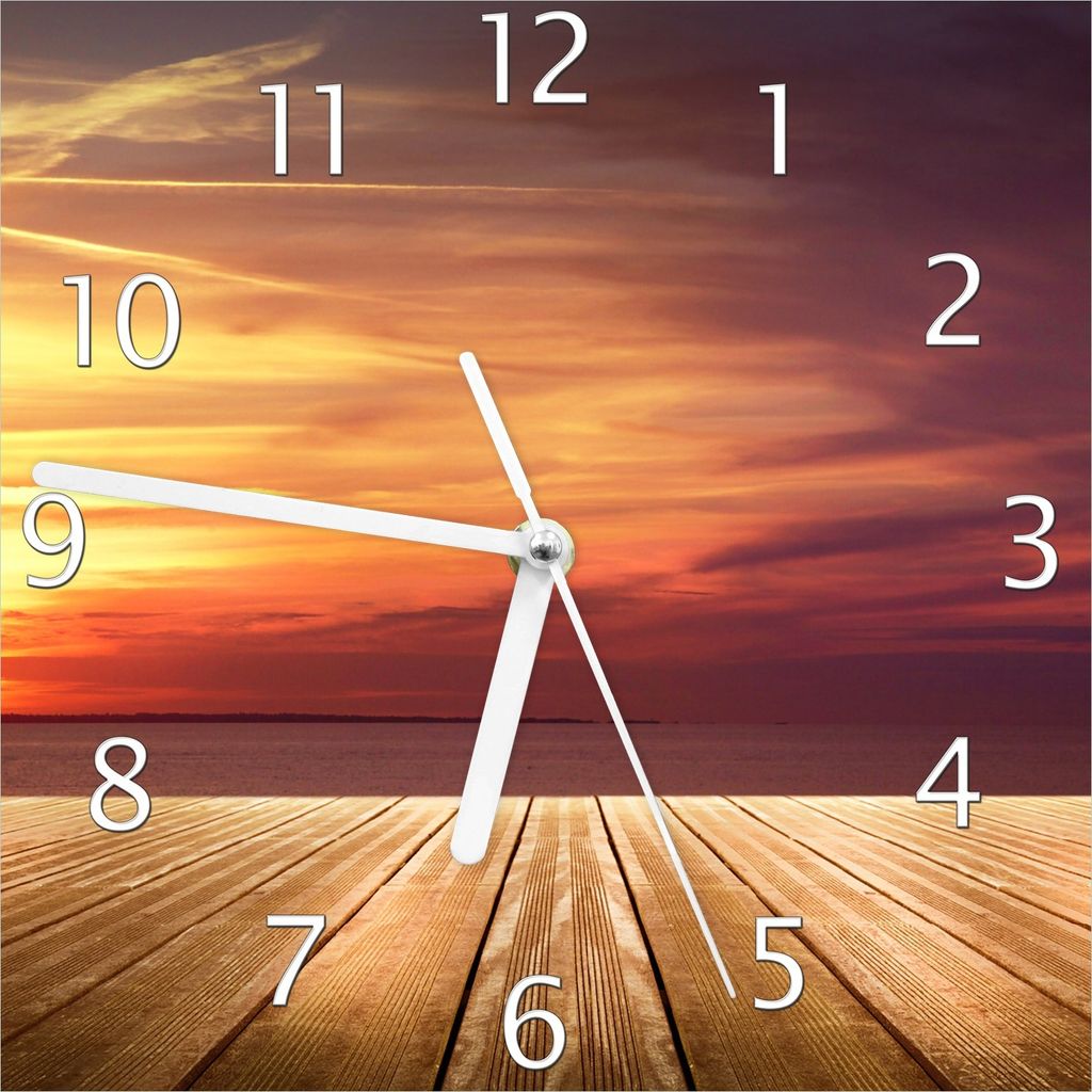 Wallario Design Wanduhr Steg am See - Sonnenuntergang und roter Himmel aus Echtglas, Größe 20 x 20 cm
