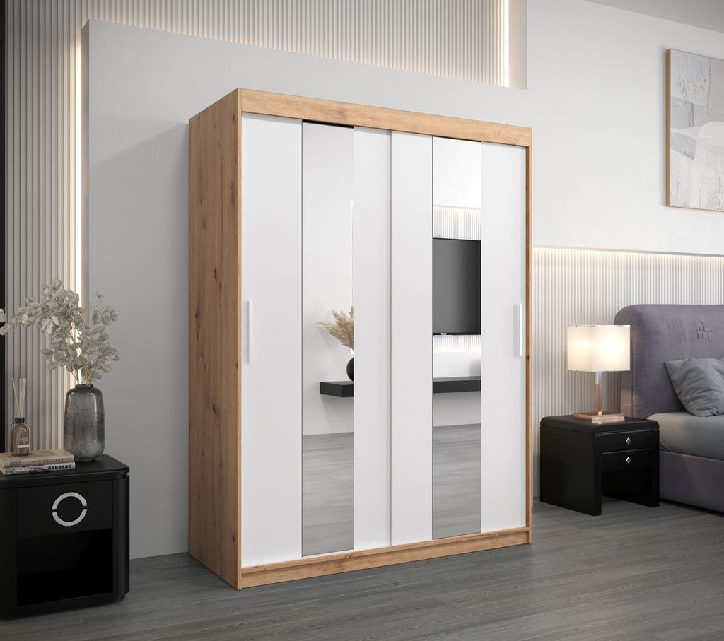 Kleiderschrank mit Spiegeln MARGARET – Breite 150 cm, Eiche handwerklich/weiß