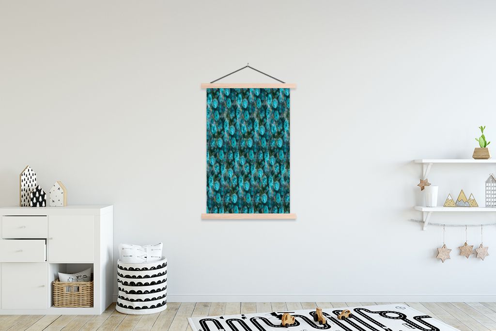 MuchoWow Textilposter Blumen - Blau - Rosen 120x180 cm mit holzfarbenen Rahmen - Textil-Plakat