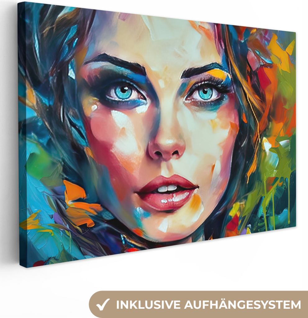 MuchoWow - Leinwandbilder - Gesicht - Frau - Ölfarbe - Farbenfroh - Kunst, Wandbild, Wanddeko Bilder Wohnzimmer, 120x80 cm