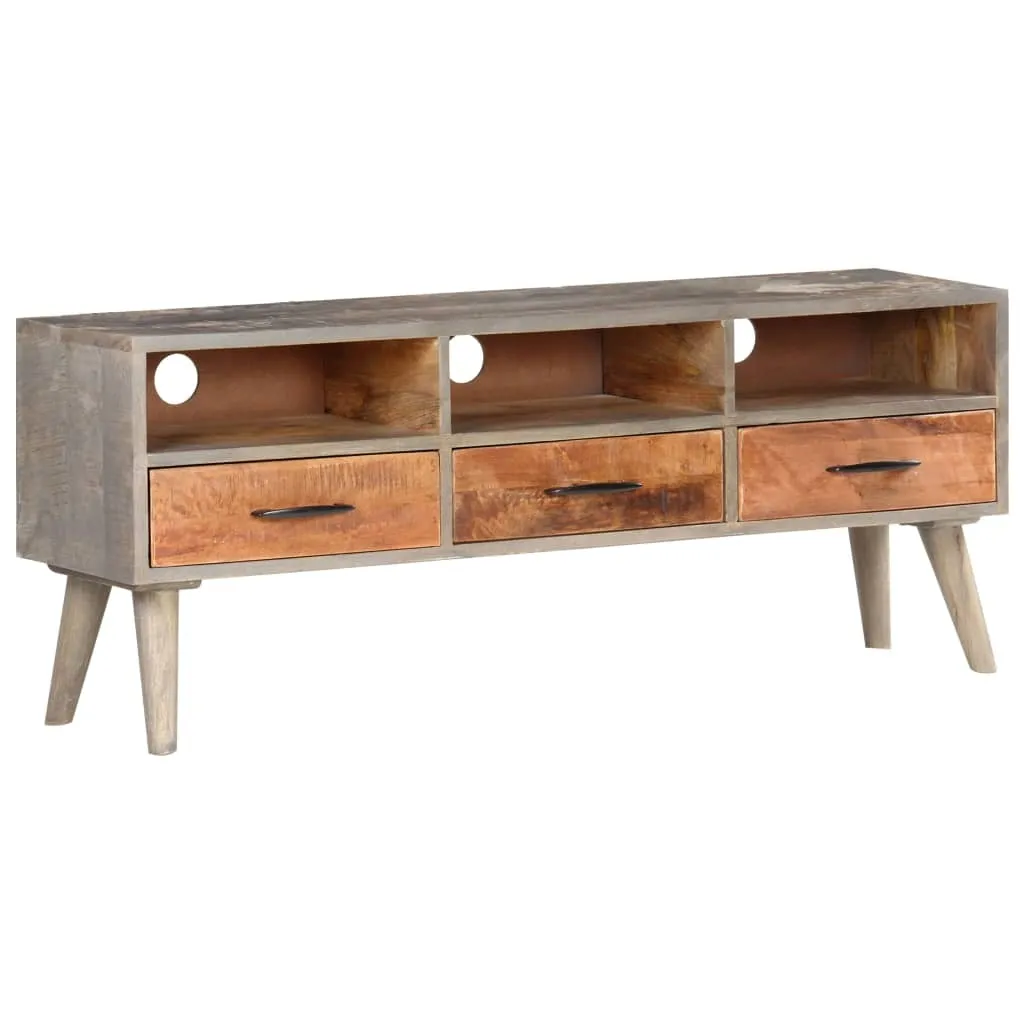 Meuble TV Gris 130x35x51 cm en Bois de Manguier Brut Massif - Industriel