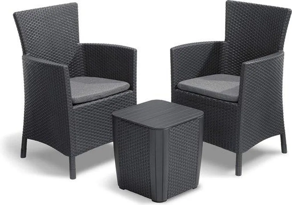 Salon de jardin pour balcon gris 3 pièces en résine tressée et sièges