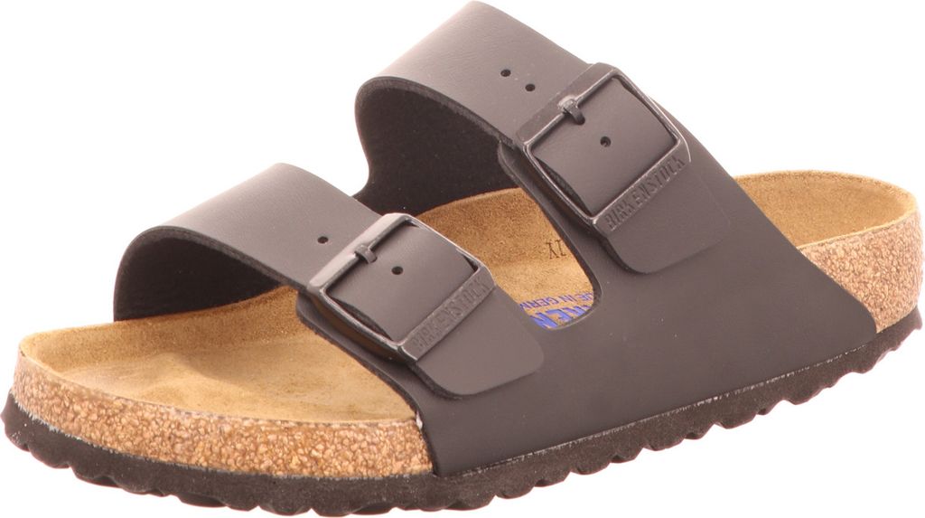 A pair of black Birkenstock Arizona sandals with cork soles.