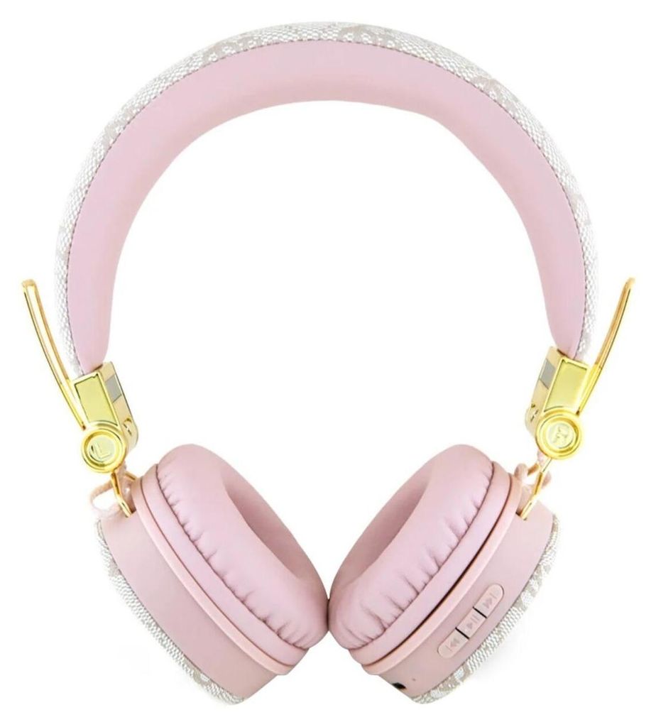 A pair of pink and gold over-ear Bluetooth headphones are shown against a white background.