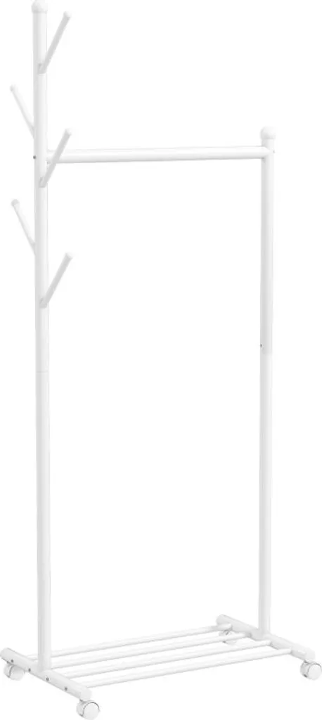 Portemanteau à roulettes anti-encombrement avec tringle et 5 crochets blanc