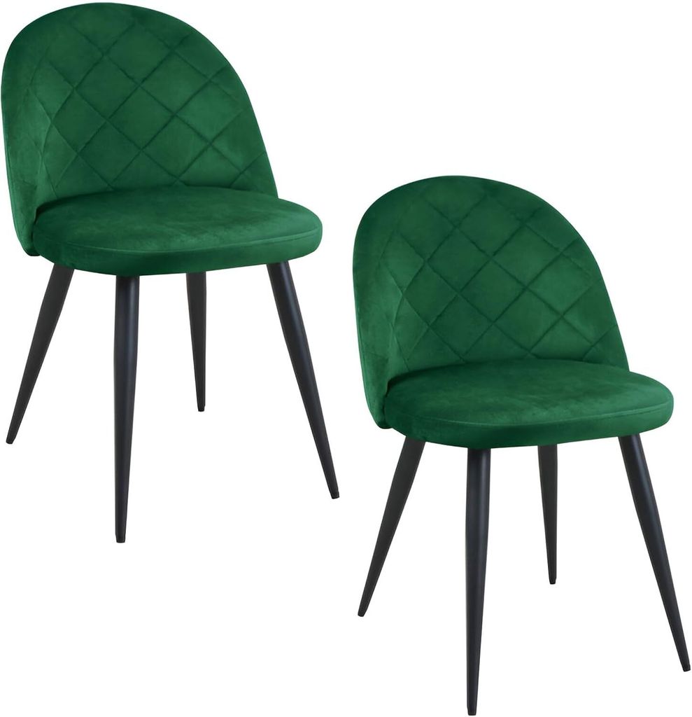 2er Set Esszimmerstuhl Wohnzimmerstuhl Stuhl, Samt mit Metallbeinen, elegant gesteppt, Polsterstuhl 2x grün mit schwarzen Beinen