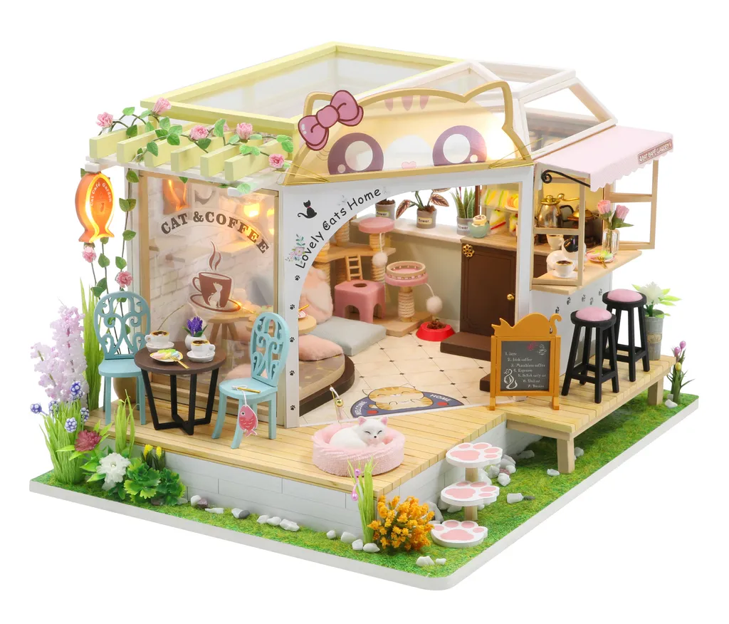 Maison Miniature Bois Cat Café Jardin avec Détails Réalistes 2Kids