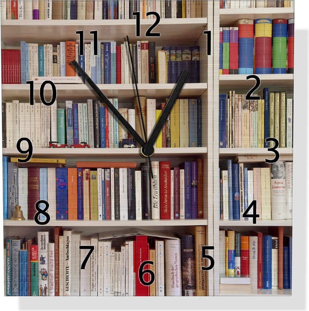 Wallario Design Wanduhr Weißes Bücherregal mit unterschiedlichen Büchern aus Aluverbund, Größe 30 x 30 cm