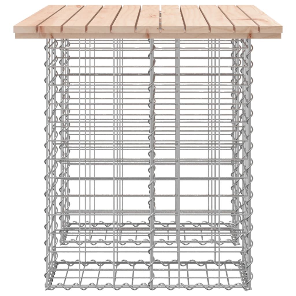 A gabion garden bench with a wooden top, shown from the front against a white background.