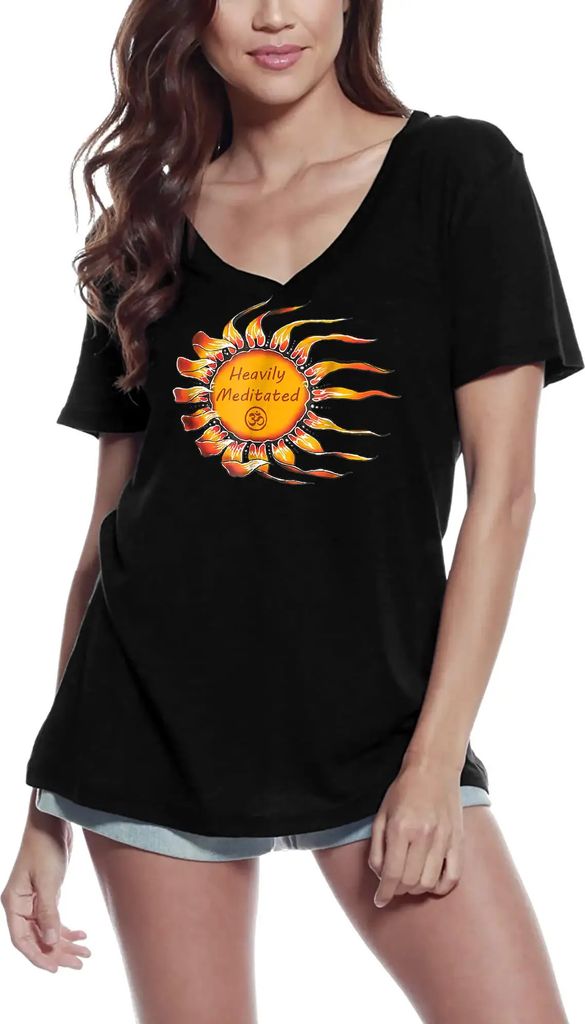 Damen Grafik T-Shirt V-Ausschnitt Stark meditierter Yoga-Frieden – Heavily Meditated Yoga Peace – Öko-Verantwortlich Vintage Jahrgang Kurzarm ...