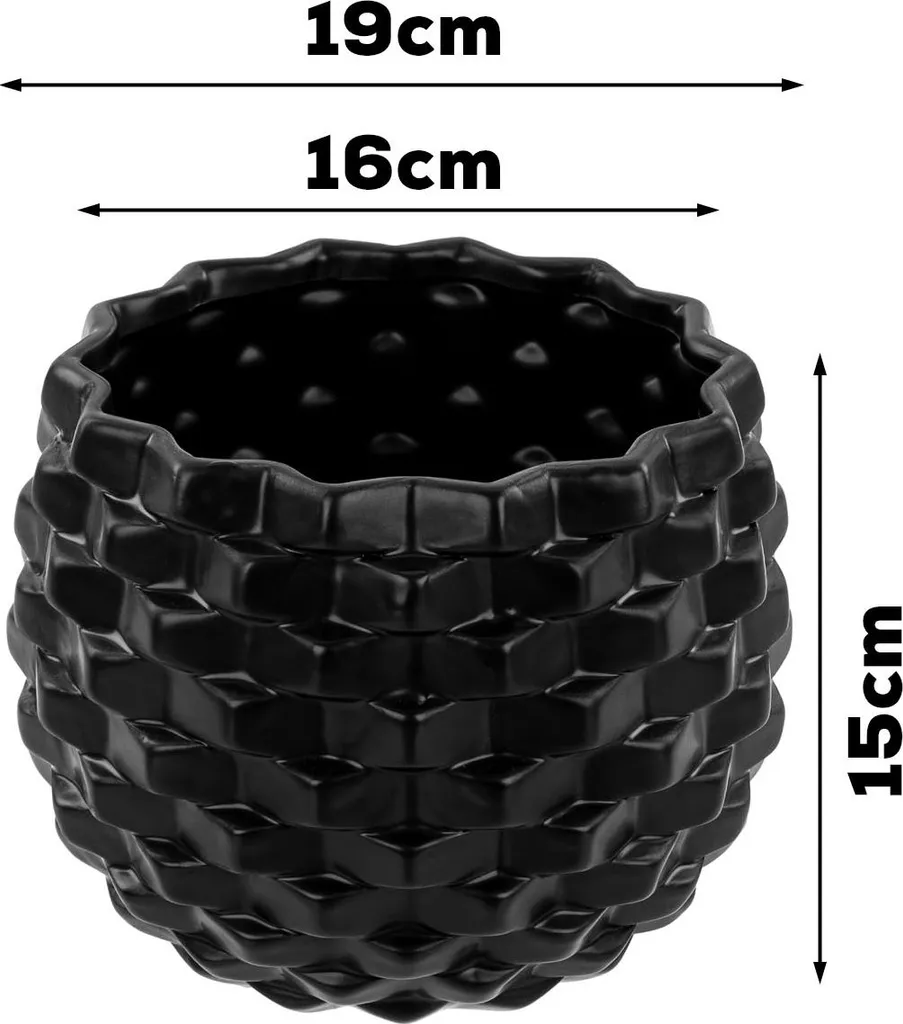 Pot de fleurs en céramique noir brillant Ø19cm avec structure 3D convexe