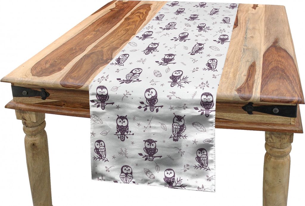 ABAKUHAUS Tier Tischläufer, Eulen auf dem Ast, Esszimmer Küche Rechteckiger Dekorativer Tischläufer, 40 x 300 cm, Aubergine Weiß